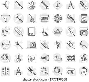 Editable thin line isolated vector icon set - pencil, market scales, magnifier, funnel, medical thermometer vector, pipette, stethoscope, doctors hammer, brick wall, measuring tape, construction