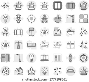 Editable thin line isolated vector icon set - lighthouse, window, outdoor light, alarm, taxi, sun, disco ball, power switch, floor lamp, led vector, ladle, shining, clean, hard reach place cleaning