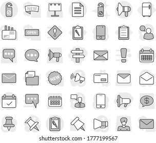 Editable thin line isolated vector icon set - megafon, singlepost, calendar, terms, clipboard pen, document, loudspeaker, do not distrub, fridge, envelope vector, paper pin, billboard, woman, mail