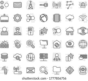 Editable thin line isolated vector icon set - globe, share vector, chip, web camera, wireless, router, woman, antenna, internet, social media, connection, network, folder, server, cloud glass, gear
