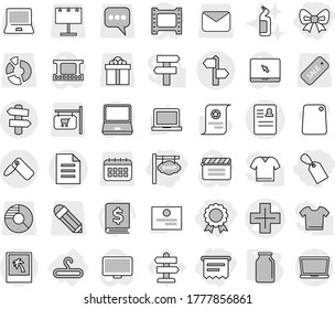 Editable thin line isolated vector icon set - bow, label, atm receipt, medal, shop signboard, anamnesis vector, cross, signpost, document, photo, hanger, bank, toilet cleanser, cutting board, pencil
