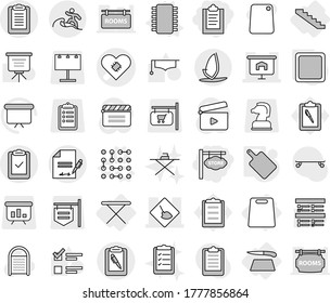 Editable thin line isolated vector icon set - clipboard, store signboard, pacemaker vector, under construction, presentation, pen, check, inventory, surfer, windsurfing, iron board, cutting, stairs