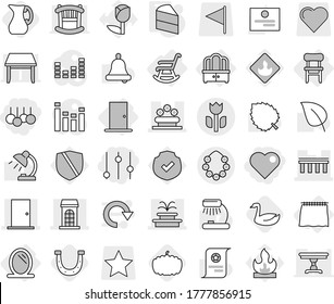 Editable thin line isolated vector icon set - sale, heart, equalizer, bridge, building, door, fountain, flower bed, perishable, hawaiian wreath, mirror, curtain, dresser, chair, rocking, cake, goose