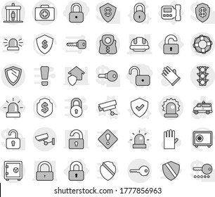 Editable thin line isolated vector icon set - lock, unlock, doctor case vector, building helmet, traffic light, alarm, detector, surveillance, key, safe, shield, life vest, lifebuoy, locked, camera