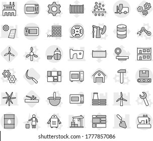 Editable Thin Line Isolated Vector Icon Set - Slum, Modular House, Factory, Construction, Port, Barrel, Fork Loader, Transporter Tape, Gear Vector, Gears, Filter, Ladle, Oil Pump, Windmill, Hammer