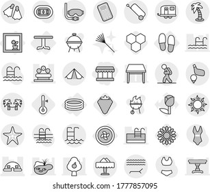Editable thin line isolated vector icon set - market, dome house, flower bed, trailer, tourist, suitcase, tent, lounger, sun, palm, pool, restaurant, starfish, flippers, diving mask, golf, hammock