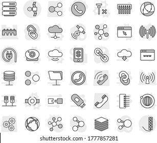 Editable thin line isolated vector icon set - phone, bridge, satellite, wireless, connect vector, cloud, service, orbit, web camera, browser window, no signal, molecule, gear, share, call, link, hub