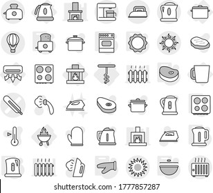 Editable thin line isolated vector icon set - medical thermometer vector, air ballon, sun, conditioning, kettle, pan, cup, corkscrew, fireplace, bbq, cauldron, cook glove, toaster, induction oven