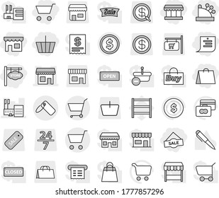 Editable thin line isolated vector icon set - cart, basket, shop, shopping list, market, bag, sale, cashbox, store signboard, mall, label, pen vector, dollar coin, credit card, shelving, 24 7, arrow