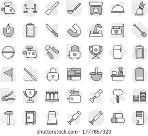 Editable thin line isolated vector icon set - customs control, vip fence, water tap, fridge, magnet vector, ladle, pipes, hammer, kitchen scales, walnut crack, knife holder, toaster, shovel, spatula