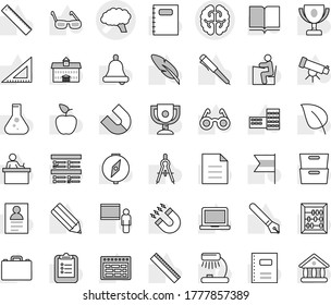 Editable thin line isolated vector icon set - brain vector, book, copybook, pen, university, pencil, school building, blackboard, corner ruler, drawing compass, glasses, student, case, apple fruit