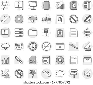 Editable thin line isolated vector icon set - info, stairs, important flag, documents, escalator, no smoking, satellite antenna, chip vector, sim card, projector, cd, signal, pen, document, signpost