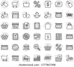 Editable thin line isolated vector icon set - basket, receipt, add to, delete cart, shopping bag, label, sale, percent, shop, credit card, house hold vector, office, cargo search, coin stack, rooms