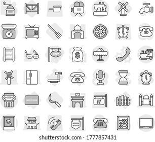 Editable thin line isolated vector icon set - shop signboard, arch, minaret, japanese house, windmill, train, restaurant, photo, antique column, phone, fence, welcome mat, vector, hand mill, fork