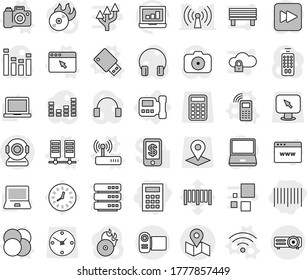 Editable thin line isolated vector icon set - bar code, calculator, map, intercome, atom core vector, mobile phone, server, wireless, usb flash, router, browser window, camera, notebook pc, clock
