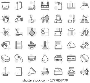 Editable thin line isolated vector icon set - rag, scraper vector, broom, mop, rake, sponge, trash bin, water drop, tap, window cleaning, splotch, welcome mat, iron, steaming, bath, toilet, brush