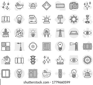 Editable thin line isolated vector icon set - lighthouse, window, outdoor light, taxi, sun, disco ball, camera, bulb, power switch, floor lamp, vector, led, laser, shining, clean, table, traffic