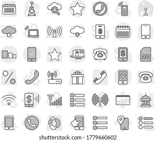 Editable thin line isolated vector icon set - mobile pay, star, phone, calendar vector, goverment house, location, sorting, trailer, checking, wireless, laptop wifi, touchscreen, sim card, router