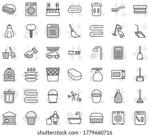 Editable thin line isolated vector icon set - bin, bucket, plate washing, towel, plunger vector, scoop, sponge, liquid soap, shower, broom, garbage bag, trash, and, vacuum cleaner, cleanser, machine