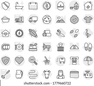 Editable thin line isolated vector icon set - delivery, t shirt, heart vector, intestines, column, pyramid, smart house, port, dry cargo, protected, fast deliver, slippers, pipes, shield, egg timer