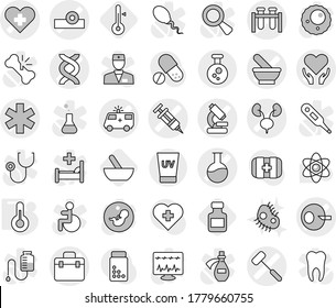 Editable thin line isolated vector icon set - doctor bag vector, ambulance star, heart cross, dna, artificial insemination, syringe, mortar, head reflector, test vial, microscope, car, flask, microb