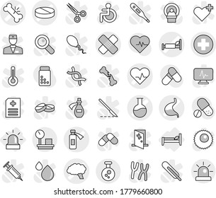 Editable thin line isolated vector icon set - medical cross vector, heart pulse, broken bone, patch, pill, hospital bed, flask, potion bottle, stomach, brain, chemical, warehouse scales, alarm, dna