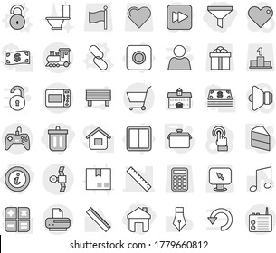 Editable Thin Line Isolated Vector Icon Set - Bin, Home, Funnel, Info, Ruler, Satellite, Train, Cart, Power Switch, Ring Button, Unlock Vector, Link, Pan, Cake, Package, Toilet, Pen, University