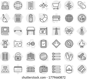 Editable thin line isolated vector icon set - bow, calculator, pills blister vector, microbe, skyscraper, slum, lock, fence, globe, office, route, clipboard check, camera, cart, flip flops, unlocked