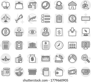 Editable thin line isolated vector icon set - wallet, cashbox, list, calculator, recipe vector, client, support manager, plane, loading, package, shipping, earth, airplane, blower, student, schedule