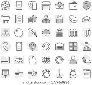 Editable thin line isolated vector icon set - ear vector, ruler, plunger, fetlock, sponge, toilet paper, grater, cookbook, plates, copybook, graduate hat, pen, backpack, presentation, cart, wallet