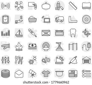 Editable thin line isolated vector icon set - cashbox, t shirt, tomography vector, dropper, garage, consolidated cargo, clipboard check, passenger, laptop wifi, dna edit, colander, cook glove, boat