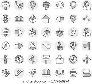 Editable thin line isolated vector icon set - dollar pin, right arrow, singlepost, trip, geo, map, route, escalator, signpost, handwheel, compass, electric magnet vector, up, traffic light, top sign
