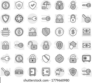 Editable thin line isolated vector icon set - lock, unlock, money, insurance, lounger, key, safe, shield, life vest, lifebuoy, locked, unlocked, plate washing, vector, dollar coin, protected, arrow