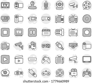 Editable thin line isolated vector icon set - surveillance, intercome, camera, web vector, vr helmet, projector, cd, cinema clap, film spool, tv, gamepad, video, remote control, play button, pause