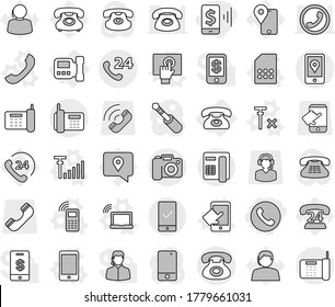 Editable thin line isolated vector icon set - mobile pay, phone, 24, location, checking, camera, intercome, vector, laptop wifi, touchscreen, sim card, antenna signal, no, support, traking, call