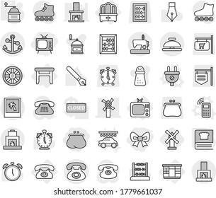 Editable thin line isolated vector icon set - bow, purse, tv, windmill, phone, anchor, photo, service bell, wardrobe, dresser, stool, plug vector, mobile, hand mill, cooking book, wheel, car wash