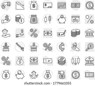 Editable thin line isolated vector icon set - hand coin, money, percent, library, real estate, house hold vector, bank, japanese candle, crisis, bag, piggy, investment, stack, check, building, gift