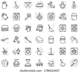 Editable thin line isolated vector icon set - iron, board, washing machine, broom, bucket, vacuum cleaner, rag, vector, mop, sponge, car fetlock, steaming, washer, powder, cleaning agent, wiping