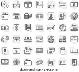 Editable thin line isolated vector icon set - hand coin, dollar, account balance, receipt, mobile pay, wallet, credit card, cashbox, money, invoice, vector, cash, stack, check, calendar, investment