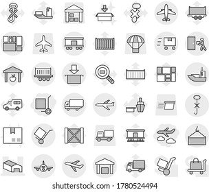 Editable thin line isolated vector icon set - cargo stoller, journey, warehouse, plane, sea shipping, truck, loading crane, consolidated, trolley, do not hook sign, courier delivery, package, car