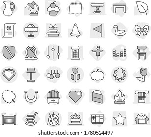 Editable thin line isolated vector icon set - bow, sale, heart, equalizer, column, building, fountain, flower bed, perishable, hawaiian wreath, disco ball, restaurant, pendant, mirror, curtain, cake
