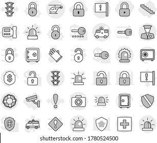 Editable thin line isolated vector icon set - lock, doctor case vector, ambulance car, helicopter, important flag, traffic light, alarm, security man, first aid, safe, lifebuoy, locked, intercome