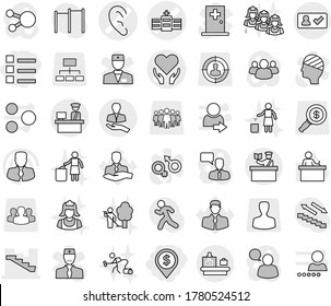 Editable thin line isolated vector icon set - dollar pin, list, hospital vector, ear, health care, stairs, client, customs control, check in, baggage checking, inspector, garden cleaning, outsource