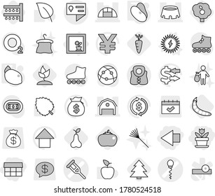 Editable thin line isolated vector icon set - market, left arrow, flower, crutch vector, sperm, barn, greenhouse, stadium, location details, life vest, in window, solar power, beans, lemon, watering