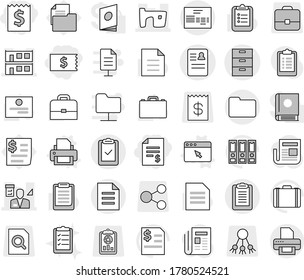 Editable thin line isolated vector icon set - receipt, account balance, anamnesis vector, archive, slum, modular house, architector, clipboard, check, invoice, documents, document, printer, list