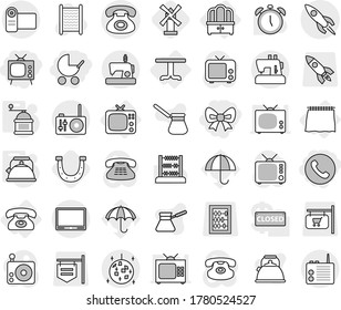 Editable thin line isolated vector icon set - bow, phone, tv, baby stroller, rocket, disco ball, curtain, table, dresser, kettle, hand mill, horseshoe, windmill, washboard vector, turk coffee, radio