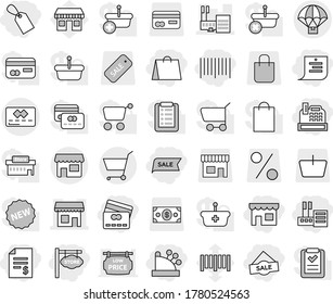 Editable thin line isolated vector icon set - account balance, credit card, shop, store, shopping list, bag, label, sale, bar code, cashbox, signboard, mall, parachute delivery, cart, office vector