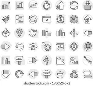 Editable thin line isolated vector icon set - add to cart, right arrow, left, singlepost, male sign vector, geo pin, delivery, route, package, stopwatch, chart, browser window, reload, recycling