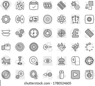 Editable thin line isolated vector icon set - dollar pin, goverment house, terms, disco ball, dog, lifebuoy, barometer, watch, ring button, gears vector, atom, photon, electron, coil, laser, wheel