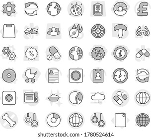 Editable thin line isolated vector icon set - percent, info, donut, baby stroller, pill vector, bone, globe, disco ball, watch, ring button, cutting board, gear, gears, cd, grill oven, mushroom